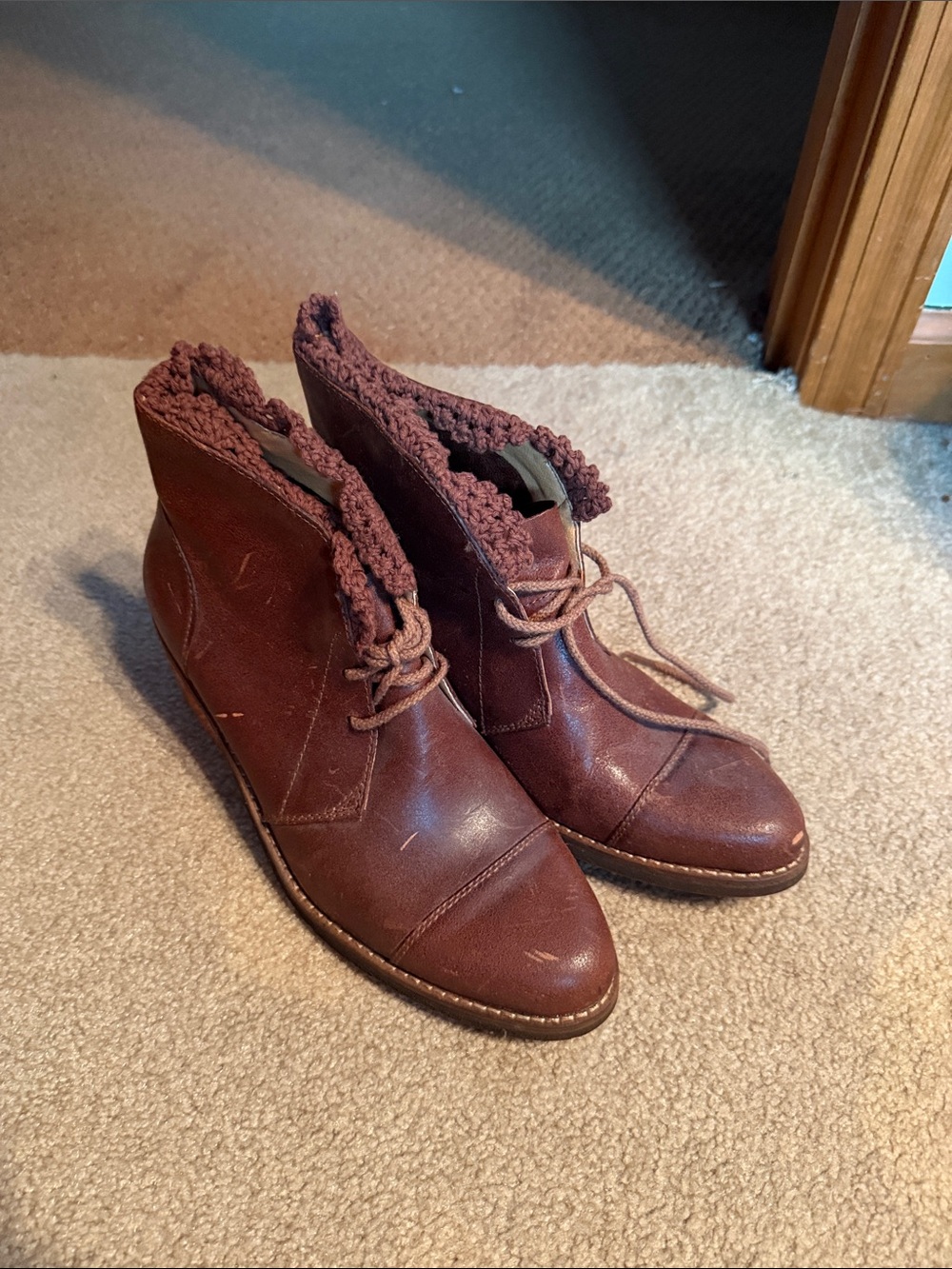 Latigo Brown Leather Lace-Up Ankle Booties with Knit Cuff